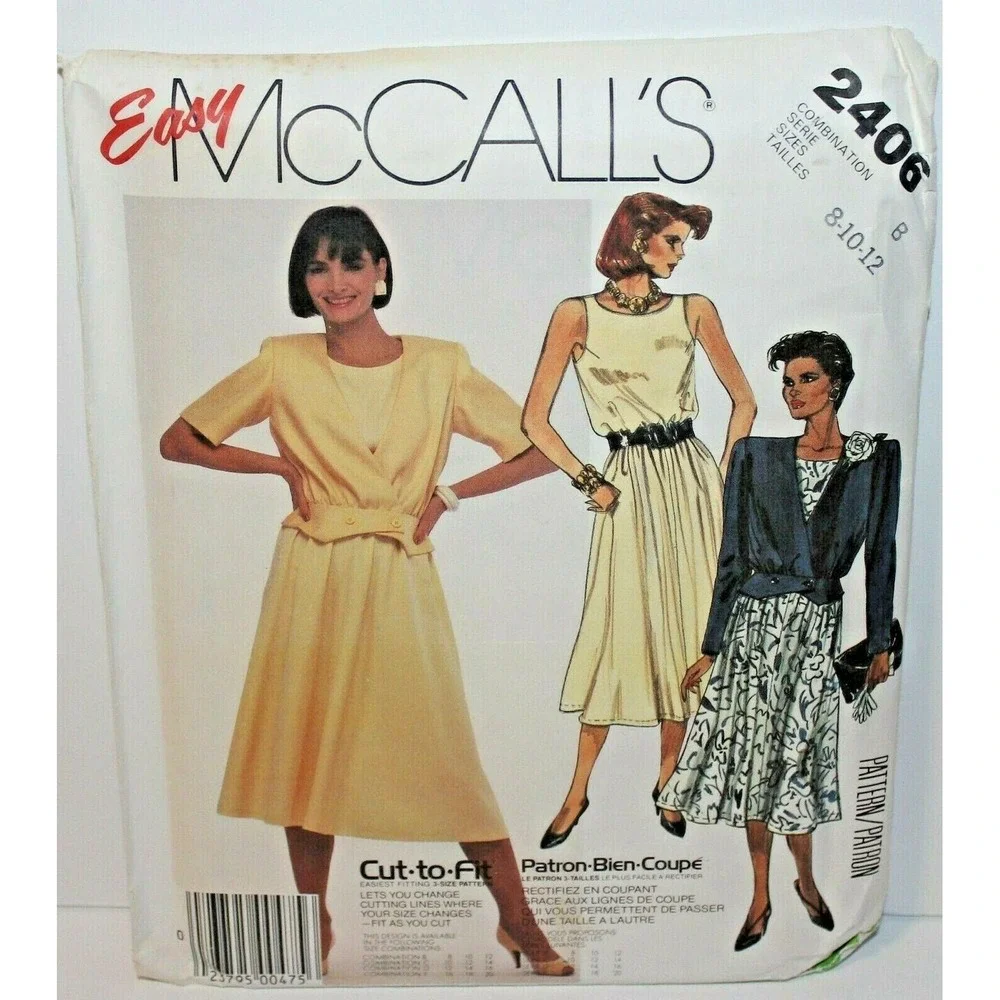 McCall's 2406 Sewing Pattern Misses Size‎ 8-10-12 80s Jacket Dress Uncut
